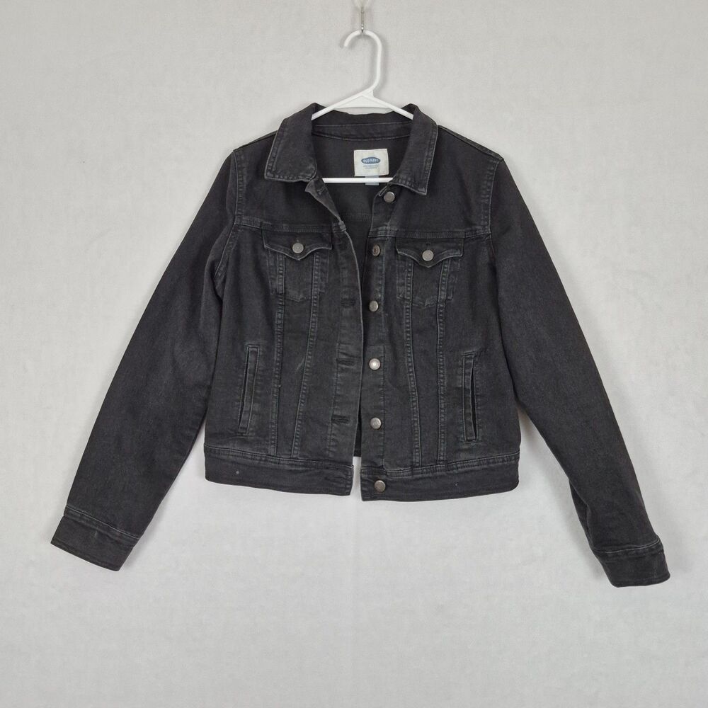 Old Navy Woman's Black Washed Button Front Denim Stowaway Jacket Cotton Blend.